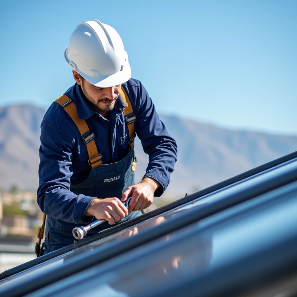 Специалист работает на кровле при монтаже коллектора